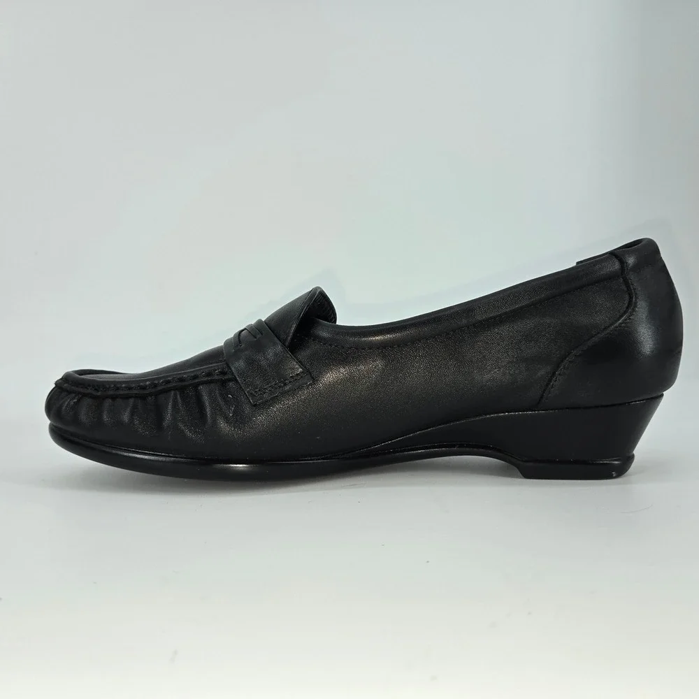 SAS Bounce Black Leather Wedge Loafer Moc Toe Slip On Comfort Shoes 9.5‎ M